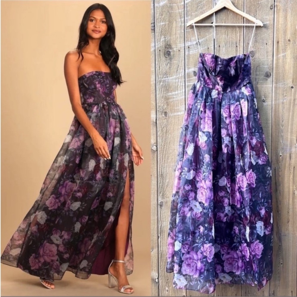 Purple Floral Strapless Bustier Organza Maxi Dress 🌿